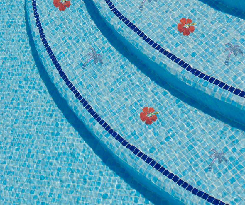 Aquatic Custom Tile Swimming Pool Step Marker Glass Palm Tree 5"x4.5 inches Deep Blue